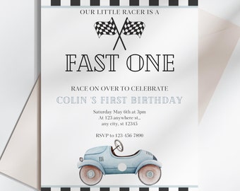 Fast One Racing Car Birthday Invitation Boys First Birthday Invitation Our Little Racer is Turing One Editable Invitation Vintage Car