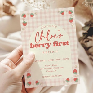 Berry First Birthday Invitation Editable 1st Birthday Girl Invitation Printable Invite Strawberry Themed Birthday Template