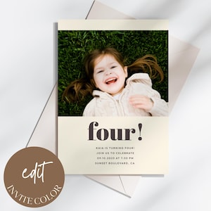 Convite de aniversário fotográfico minimalista para crianças Convite de aniversário neutro em termos de gênero para crianças de qualquer idade Editável para download instantâneo