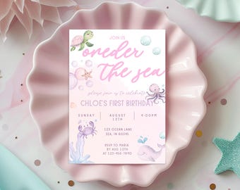 Invitación de cumpleaños de Oneder the Sea, plantilla editable de primer cumpleaños de niñas rosas bajo el mar, plantilla de invitación personalizada de animales del océano para el primer cumpleaños