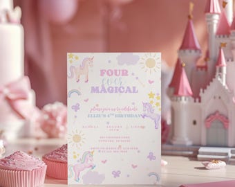 Unicorn 4th Birthday Invitation Editable Rainbow Template Magical Party Invite Instant Download Pastel Design Four Ever Magical Girl Party