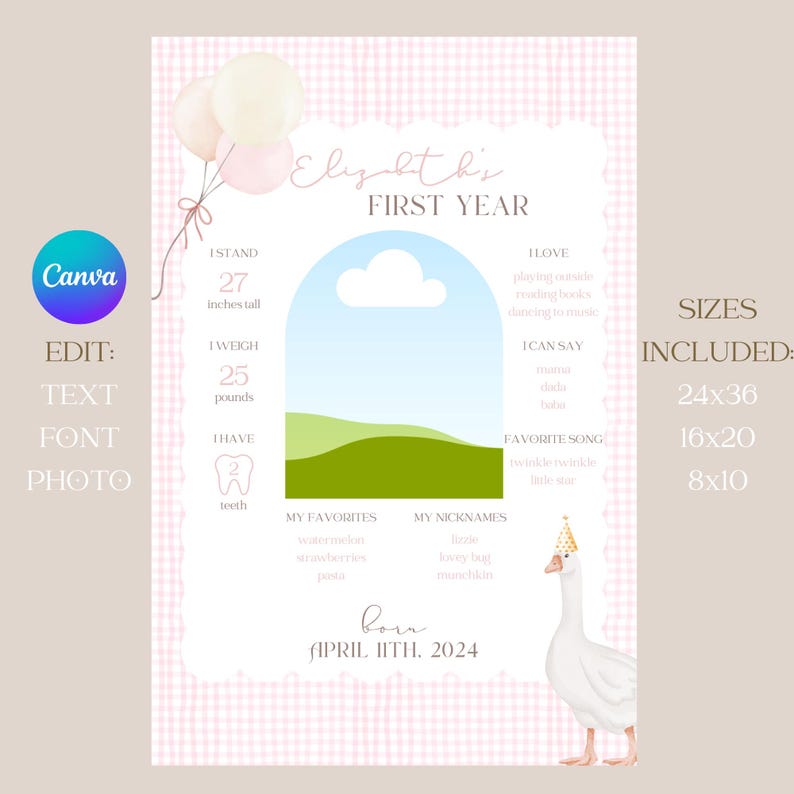 Pu&ograve; includere: Un grafico di pietre miliari del primo anno, stampabile, rosa e bianco, con un'illustrazione ad acquerello di un'oca. Il grafico include informazioni sull'altezza, il peso, i cibi preferiti del bambino, ecc. Il testo sul grafico dice "Elyalth's First Year".