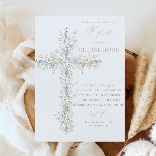 Girls Baptism Invite Template, Printable Wildflower Baptism Invitation, Pink Floral Butterfly Baptism, Christening Invite, Editable Template