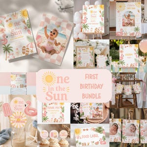 One in the Sun Birthday Bundle, Girls Pink Beach First Birthday Decor, Digital Download, S4686