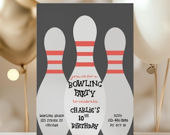 May include: A bowling party invitation with three white bowling pins with red stripes on a dark gray background. The invitation text reads "join us for a BOWLING PARTY to celebrate CHARLIE'S 10TH BIRTHDAY". Includes address and RSVP information.