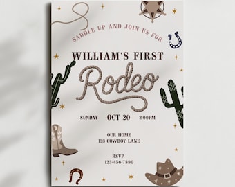 Eerste rodeo-uitnodiging, mijn 1e rodeo-uitnodigingssjabloon, jongens eerste rodeo-verjaardagsuitnodiging, westerse verjaardagsuitnodigingssjabloon, cowboy verjaardagsuitnodiging