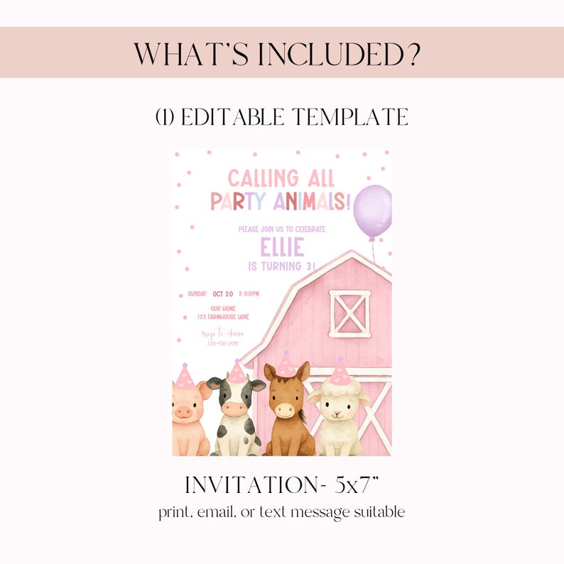 Girls Farm Birthday Invitation Template, Pink Barn Party Animals Invite ...