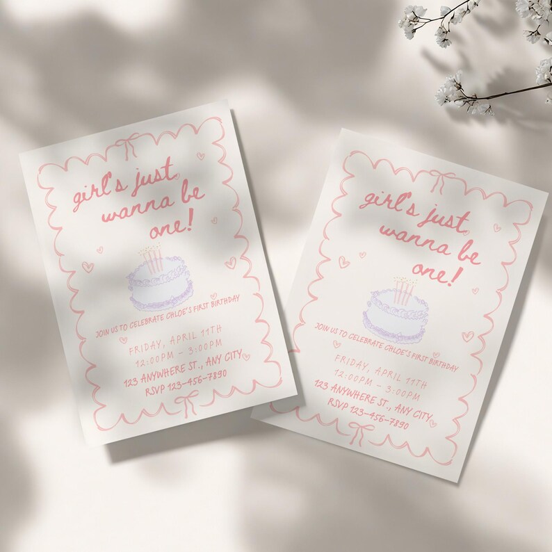 May include: Pink and white invitation with a pink border and a cake with candles. The text reads "girl's just wanna be one!" and includes the date, time, and location of the party.