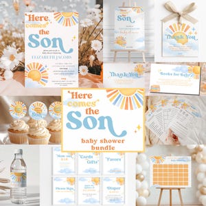 Here Comes the Son Baby Shower Bundle, Sunshine Baby Shower Invitation Set, Welcome Sign Games Thank You Tag Decor, Digital Download, S5925