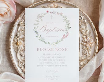 Editable Baptism Invitation Template, Wildflower Baptism Invite, Girl Baptism Invitation, Pink Floral Baptism, Christening Invite Template