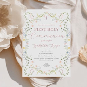 Wildflower First Communion Invitation, Floral Cross (Printable Template 5x7" )