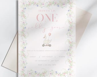 One Silly Goose Birthday Invitation Floral Goose Invitation Editable Silly Goose 1st Birthday Template Girls Canva Template