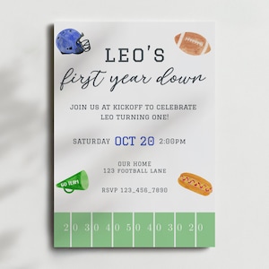 First Year Down Birthday Invitation, First birthday Football Invitation Template, Boys Football Birthday Party Invite, Watercolor Football