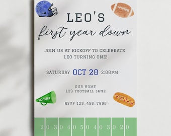 First Year Down Birthday Invitation, First birthday Football Invitation Template, Boys Football Birthday Party Invite, Watercolor Football