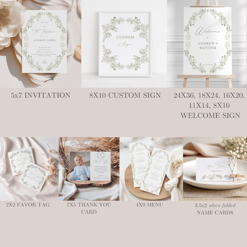 May include: A selection of baptism stationery, including invitations, welcome signs, thank you cards, menus, and name cards. Each item features a delicate floral wreath design in soft green and white, with text in a classic font. Sizes vary.