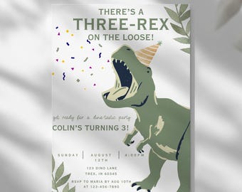 Dinosaur Birthday Invitation, Three Rex Birthday Invite, Boys Third Birthday Dino Party, Three-Rex On The Loose, 3 Rex Invitation Template