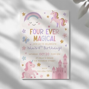 May include: A pastel-themed invitation for a fourth birthday party. The design features unicorns, a rainbow, and the text "FOUR EVER MAGICAL". The invitation includes the party details, such as the date, time, and location.