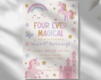 Vier magische Einladungsvorlagen, Einhorn-Geburtstags-Einladung, magischer 4. Geburtstag-Einladung, Pastell-Einhorn-Mädchen-4.Geburtstags-Party Regenbogen