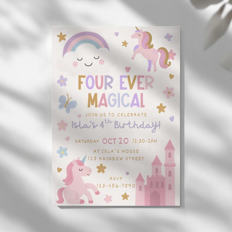 May include: A pastel-themed invitation for a fourth birthday party. The design features unicorns, a rainbow, and the text "FOUR EVER MAGICAL". The invitation includes the party details, such as the date, time, and location.