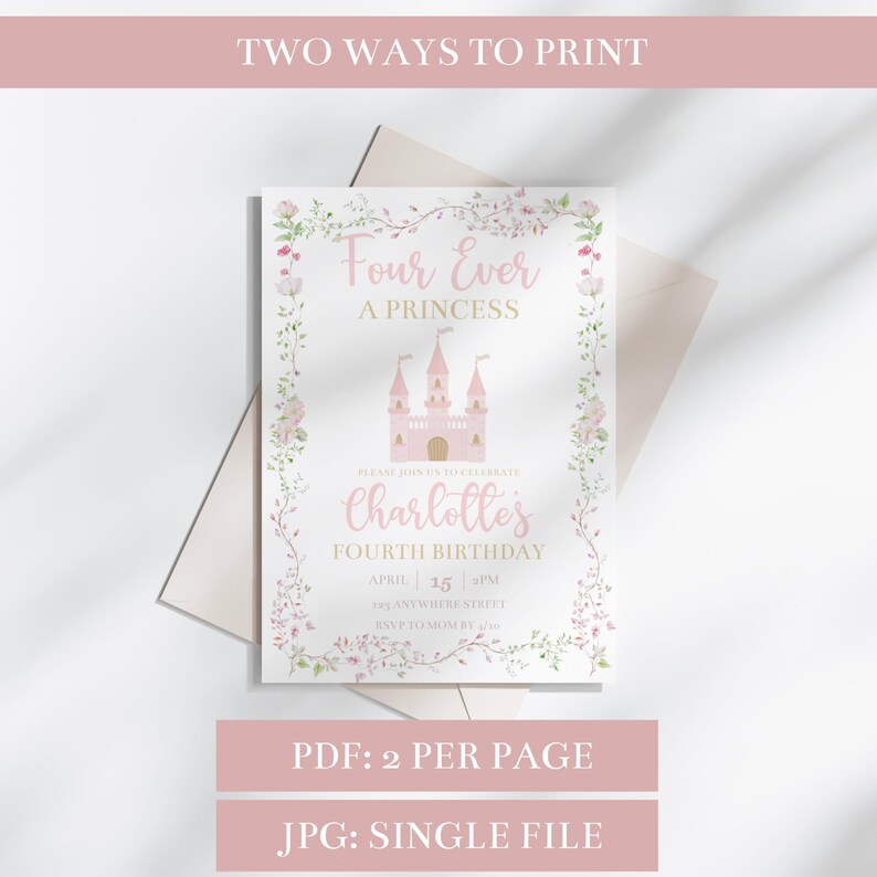 May include: A printable invitation for a fourth birthday party. The invitation features a pink castle with a floral border and the text "Four Ever A Princess" and "Charlotte's Fourth Birthday".