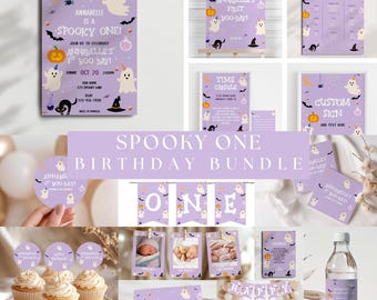 不気味な1歳の誕生日招待状セット（紫）、ハロウィンの不気味な女の子への招待、ハロウィンの1歳の誕生日パーティーのデコレーション（印刷可能、紫）