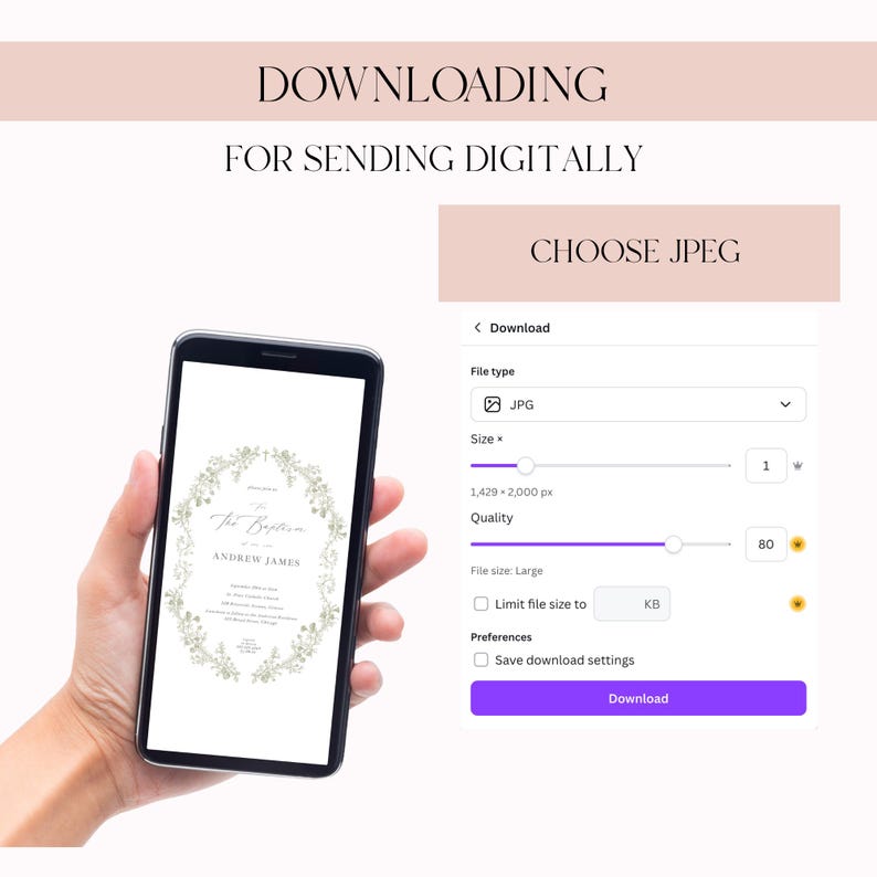 K&ouml;nnte beinhalten: Ein Smartphone zeigt eine Taufeinladung mit floralen Akzenten. Die Download-Einstellungen sind sichtbar, einschlie&szlig;lich Dateityp, Gr&ouml;&szlig;e und Qualit&auml;t. Der Text auf dem Bildschirm lautet "Die Taufe" und "Andrew James."