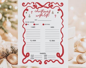May include: A white Christmas wishlist sheet with a red decorative border and text. The text includes "Christmas Wish List", "Name", "I Want", "I Need", "I'll Wear", "I'll Read", and "Favorites".