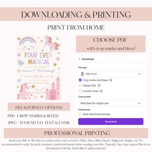 May include: A digital download graphic with a unicorn theme. The invitation reads "Four Ever Magical" and includes a rainbow, castle, and stars. Options for PDF print and JPEG file formats are shown.