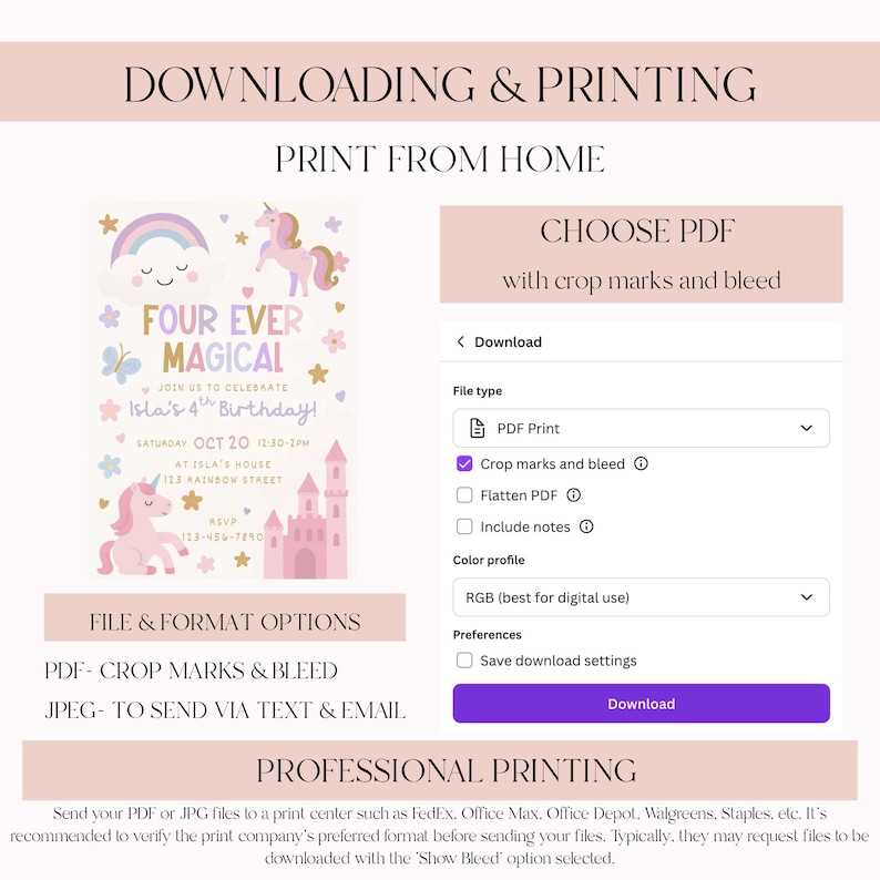 May include: A digital download graphic with a unicorn theme. The invitation reads "Four Ever Magical" and includes a rainbow, castle, and stars. Options for PDF print and JPEG file formats are shown.