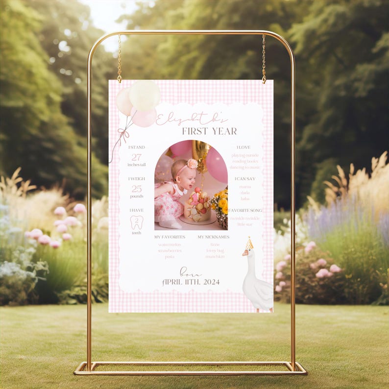 Pu&ograve; includere: Uno sfondo rosa e bianco a quadri vichy con una foto di una bambina in un vestito rosa. Il testo "Elyth's First Year" &egrave; scritto in un font rosa corsivo. L'et&agrave;, l'altezza, il peso e altri traguardi del bambino sono elencati. Il testo "Born April 11th, 2024" &egrave; in fondo al poster.
