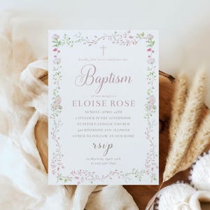 Christening Invitation Template Baptism Invitation for Girls Pink Floral Baptism Invitation Editable Canva Template Christening Floral
