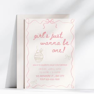 Girls Just Wanna Be One Invitation First Birthday Invite Pink Hand Drawn Doodles Coquette Bows Girls Wanna Have Fun Party Text Invitation