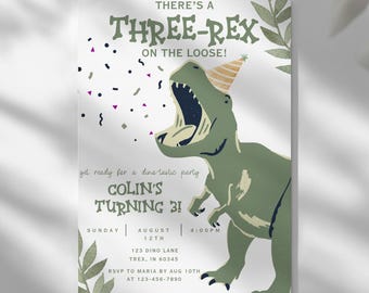 Editable Dinosaur Birthday Invitation, Three Rex Birthday Invite, Boys Third Birthday Dino Party, Three-Rex On The Loose, 3 Rex Invitation