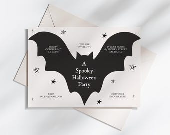 Puede incluir: Una invitación a una fiesta de Halloween con una silueta de murciélago negro y el texto "A Spooky Halloween Party". La invitación incluye la fecha, hora, lugar y detalles de RSVP, con estrellas sobre un fondo crema.