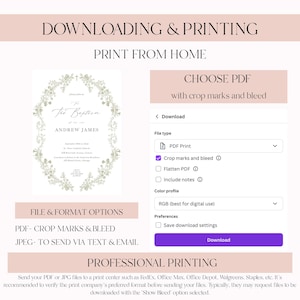 K&ouml;nnte beinhalten: Eine Webseite mit Anweisungen zum Herunterladen und Drucken von Taufkarten. Die Seite enth&auml;lt Optionen f&uuml;r den PDF-Dateityp, Schnittmarken und Anschnitt. Das Einladungsdesign zeigt einen floralen Kranz und den Text "The Baptism of Andrew James."