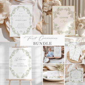 Editable First Communion Bundle Template, Elegant Greenery Holy Communion Set, Digital Download, C3498