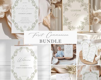 Editable First Communion Bundle Template, Elegant Greenery Holy Communion Set, Digital Download, C3498