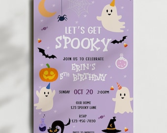 May include: A Halloween party invitation on a lilac background. The text reads "LET'S GET SPOOKY" with details for Erin's 5th birthday. Features illustrations of ghosts, bats, a pumpkin, a black cat, and a witch's hat.