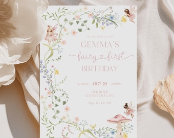 Fairy First Birthday Invitation, First Birthday Invitation Girl, Fairy Garden Party Invite, Fairy 1st Birthday, Editable Template, H54B