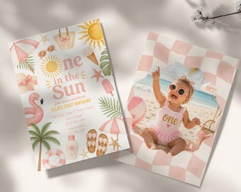 One in the Sun First Birthday Invitation Template, Pink Beach Birthday Party Invite, Summer Girl Digital Download, S4686
