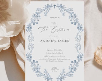Plantilla de invitación de bautizo, invitación imprimible de chinoiserie azul, invitación de bautizo vintage, invitación de bautizo floral azul para niño y niña