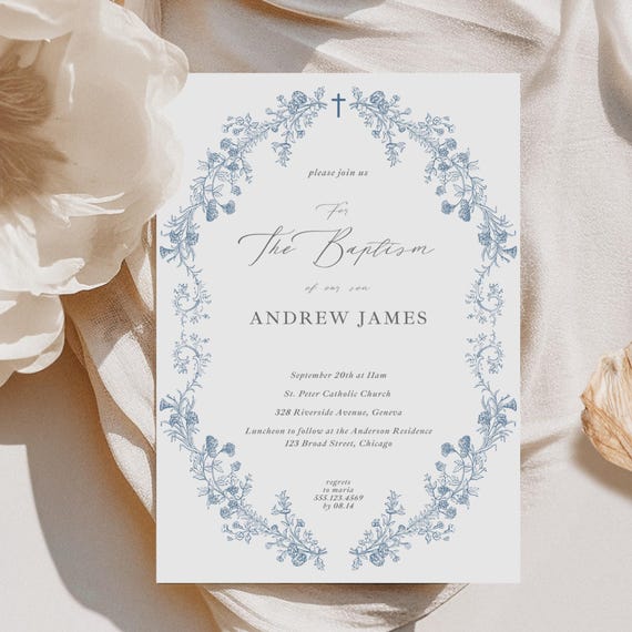 Baptism Invitation Template, Printable Blue Chinoiserie Baptism Invite, Vintage Baptism Invitation, Blue Floral Boy Girl Christening Invite