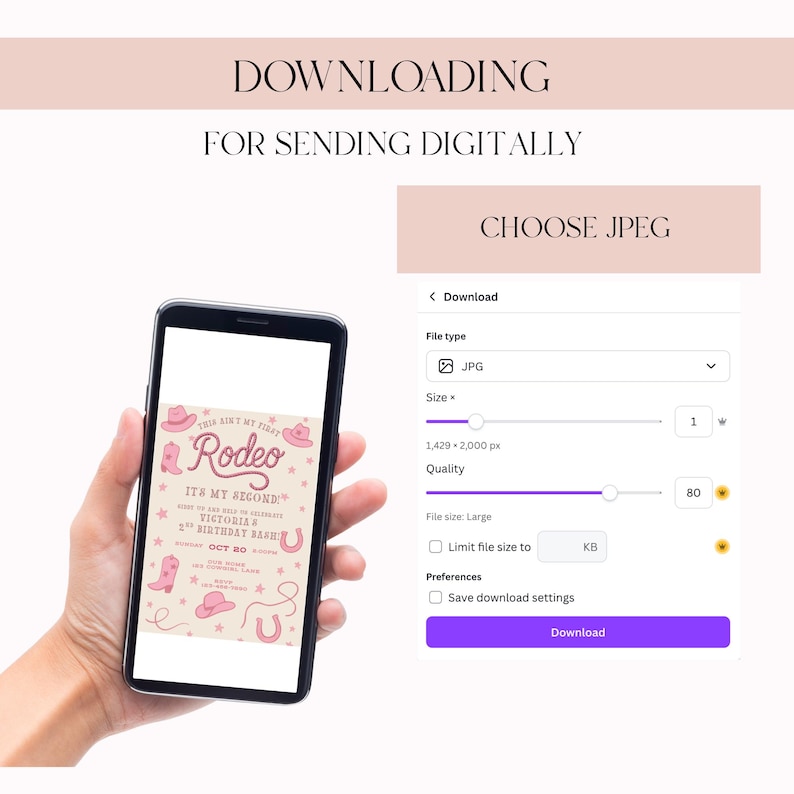 以下が含まれることがあります： スマートフォンには、ピンクとベージュのロデオをテーマにした誕生日招待状が表示されています。招待状には、カウボーイハット、ブーツ、蹄鉄が描かれています。画面には、JPEGファイルをダウンロードするためのオプションも表示されています。