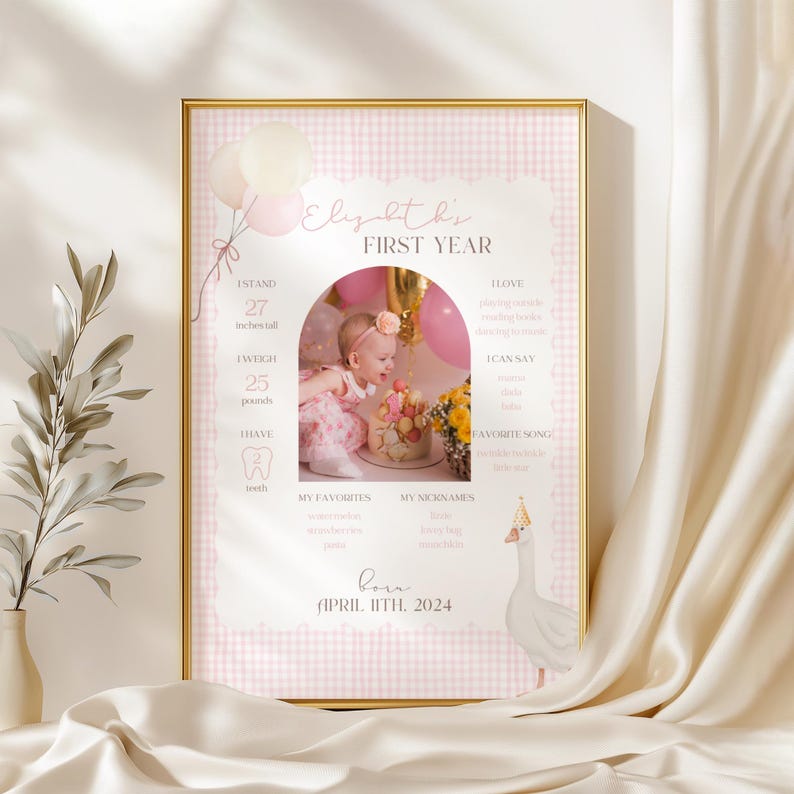 Pu&ograve; includere: Uno sfondo rosa e bianco a quadri vichy con una foto di una bambina in un vestito rosa. Il testo "Elyzabeth's First Year" &egrave; in cima al poster. Il poster include anche informazioni sull'altezza, il peso e altri traguardi del bambino.