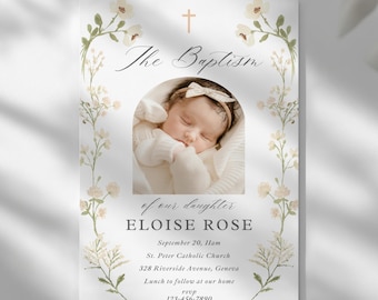 Invitación de bautizo para niña, plantilla floral blanca, invitación de bautizo con foto, foto de dedicatoria imprimible, descarga editable