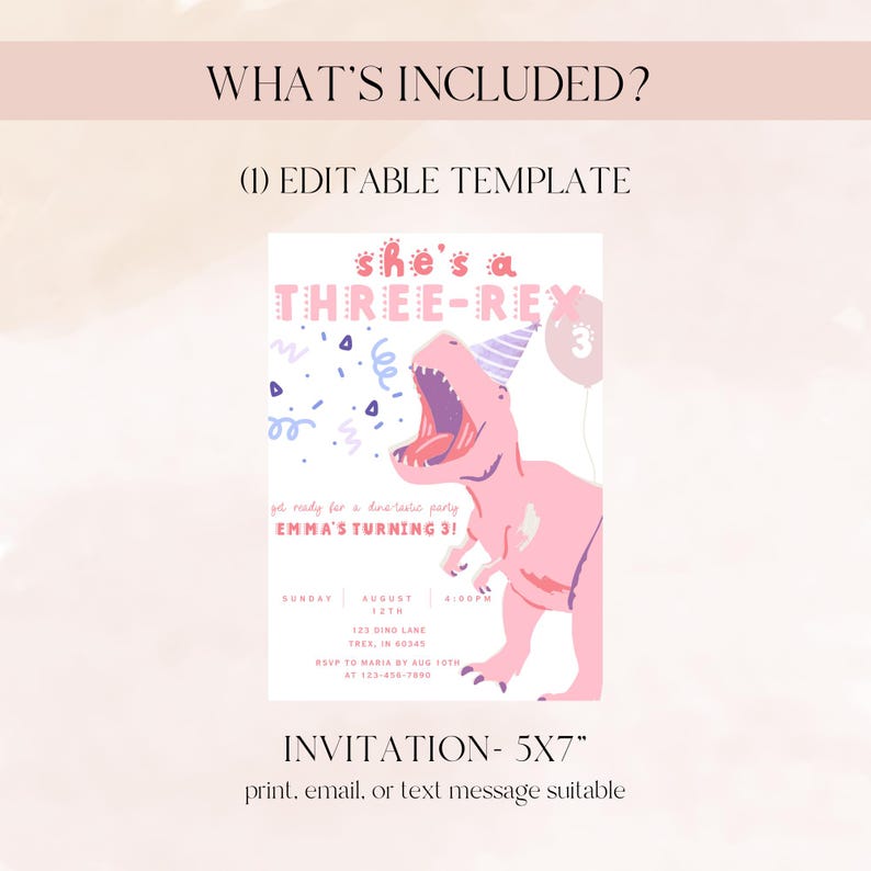 Puede incluir: Una invitaci&oacute;n de cumplea&ntilde;os con tem&aacute;tica de dinosaurios en rosa y morado. La invitaci&oacute;n dice "She's a Three-Rex" con el texto "Emma's Turning 3!". La invitaci&oacute;n es de 12,7 x 17,8 cm y es adecuada para imprimir, enviar por correo electr&oacute;nico o por mensaje de texto.
