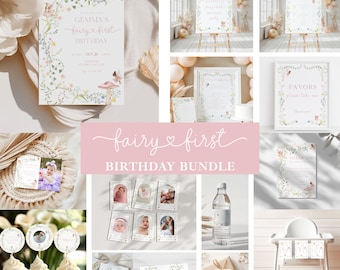 Fairy First Birthday Bundle, Fairy 1st Birthday Party Bundle, Fairy Garden Party Decor, Fairy Birthday Invitation Girl, H54B
