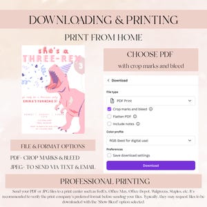Puede incluir: Gr&aacute;fico de descarga digital con instrucciones para imprimir una invitaci&oacute;n de cumplea&ntilde;os. La invitaci&oacute;n presenta un dinosaurio rosa y el texto "She's a Three-Rex". Las opciones incluyen PDF con marcas de corte y sangrado.