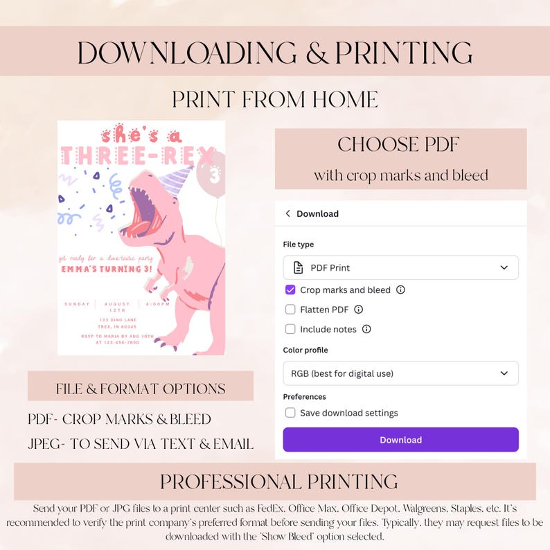 Puede incluir: Gr&aacute;fico de descarga digital con instrucciones para imprimir una invitaci&oacute;n de cumplea&ntilde;os. La invitaci&oacute;n presenta un dinosaurio rosa y el texto "She's a Three-Rex". Las opciones incluyen PDF con marcas de corte y sangrado.