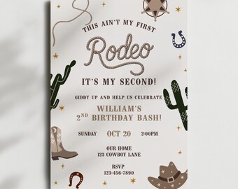 Invitación para mi segundo rodeo, plantilla para mi segundo rodeo, invitación para el segundo cumpleaños de un niño, fiesta de rodeo "No es mi primera", invitación para un cumpleaños de vaquero